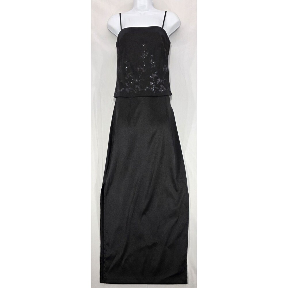 VTG 90s Long Skirt Cami Top Set Black Satin Whimsigoth Fairy Goth Witchy Size 5